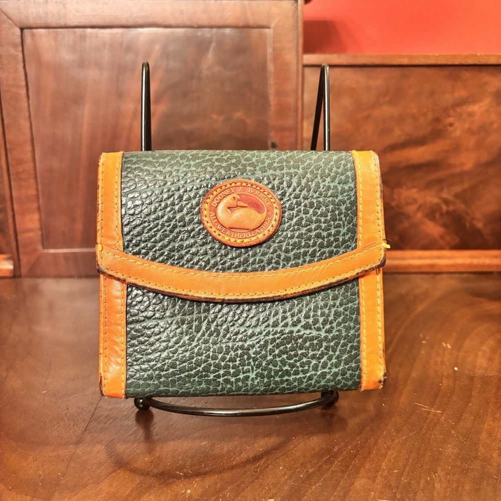 Dooney & Bourke All Weather Leather Green Tan Kiss Lock Wallet Coin Purse